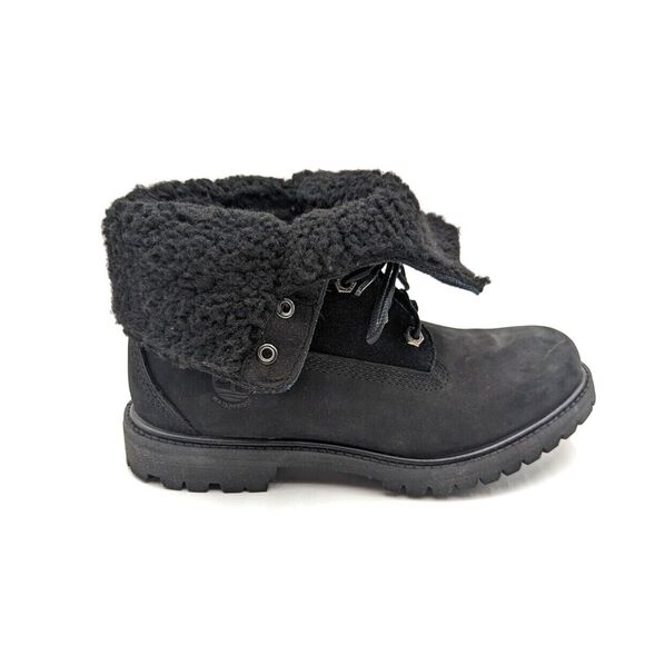 Timberland Authentic Women Waterproof Fleece Fold Down Boot Black Leather US 6.5 - Picture 10 of 15